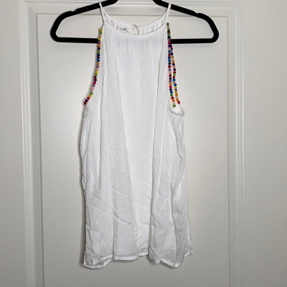 Maurices white tank with colored pompoms